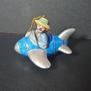 New In Box Emmitt Kelly Jr. Clown in Airplane Holiday Ornament - Blue and Silver